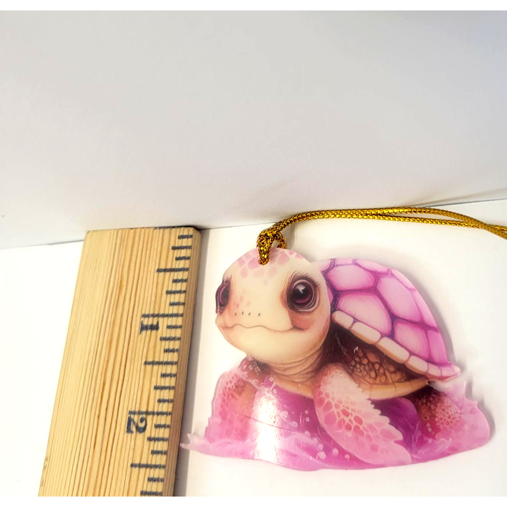 Pink Sea Turtle Hanging Ornament Cute Ocean Animal Gold Cord Tree Decor Gift - Picture 5 of 7